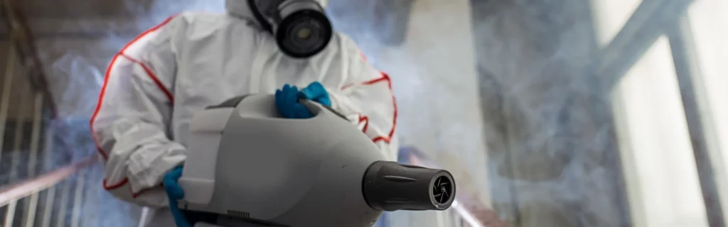 Image of Haztech worker in white hazmat suit trauma cleaning