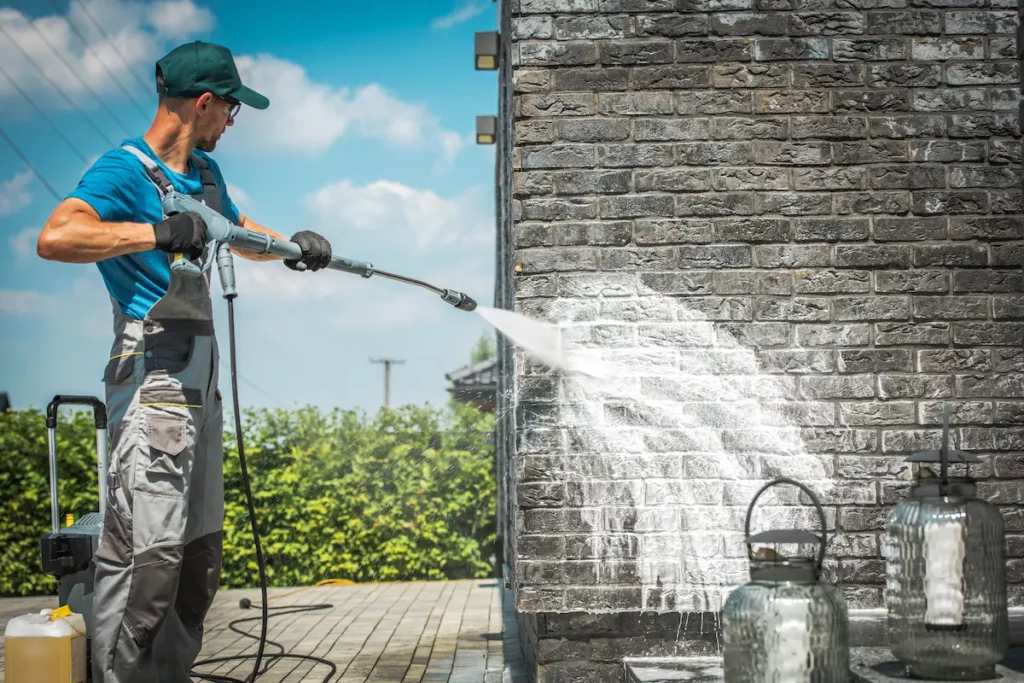 Worker cleaning the exterior of a building.