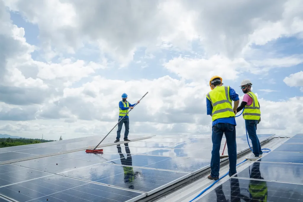 Image of three workers cleaning solar panels